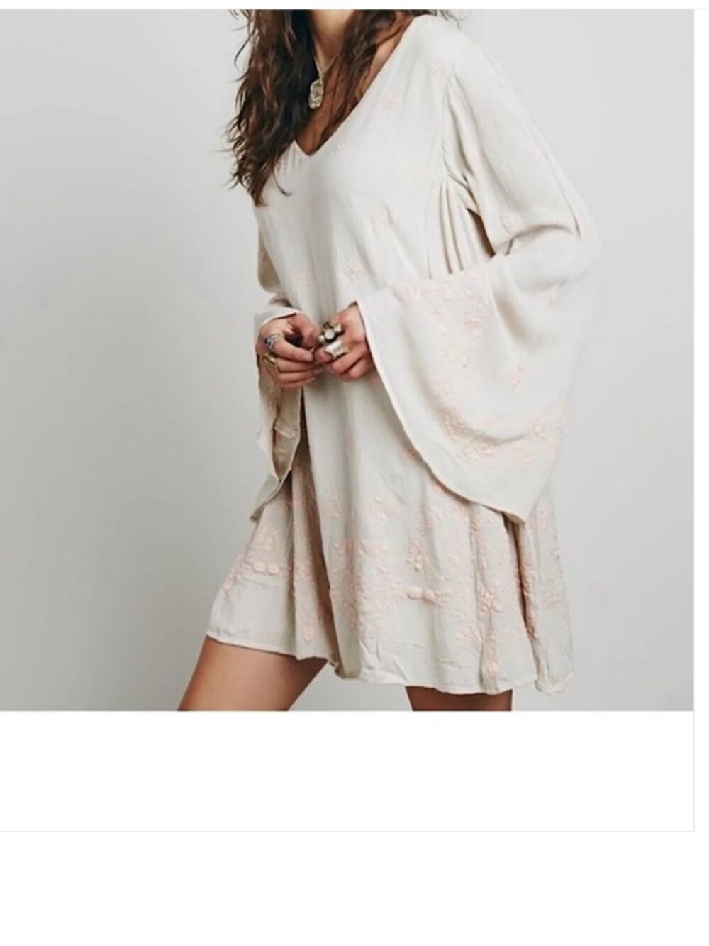 Free People Tan Pink Floral Embroidered Tunic Mini Dress